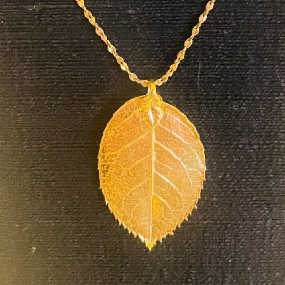 Gold Leaf Pendant with Chain Estate Jewelry